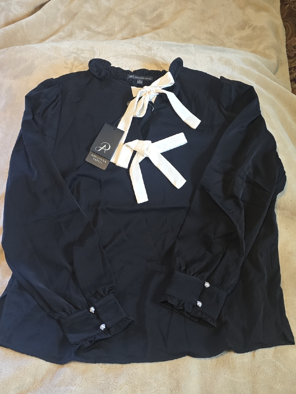 Adrianna Papell Black Blouse with Cream Bow Accents